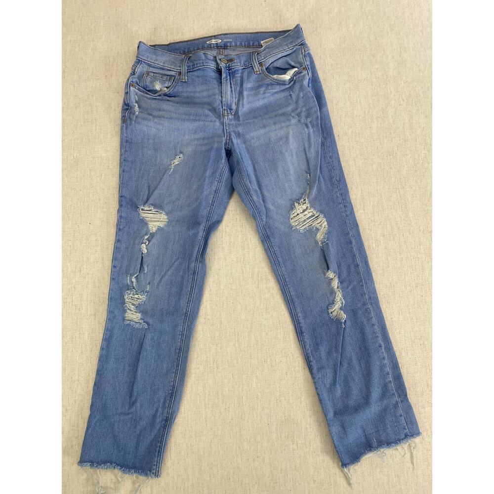 Old Navy Boyfriend Jeans Womens 2 Blue Stretch Raw Hem Distressed Pockets Denim